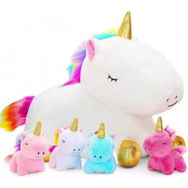 Hunde Kuscheltier mit Babys | Mama Hund mit 4 Baby Welpen, 5 Regenbogenmähnen Einhorn Welpen | Kuscheltier Hund mit 4 Babys | Spielzeugkissen für Mädchen im Alter von 3-8 Jahren (Umarme Einhorn)