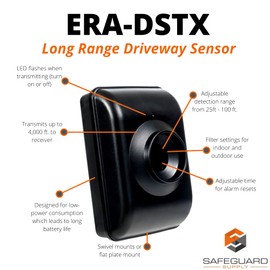 Driveway Sensor Motion Detector, Safeguard Supply ERA-DSTX Driveway Alert Outdoor Motion Sensor Alarm, 3/4 Mile Wireless Range, For Use Only with Safeguard Supply ERA Series Wireless Doorbell Products
