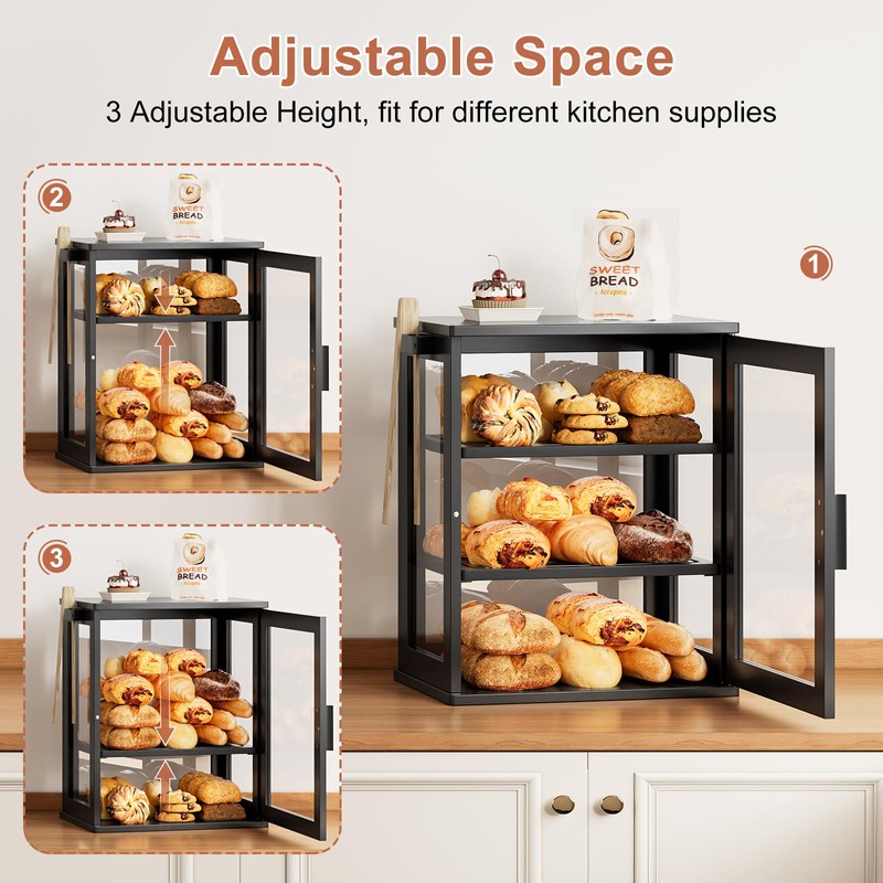 WOWLIVE Black Bread Box for Kitchen Countertop, Large 3 Layers