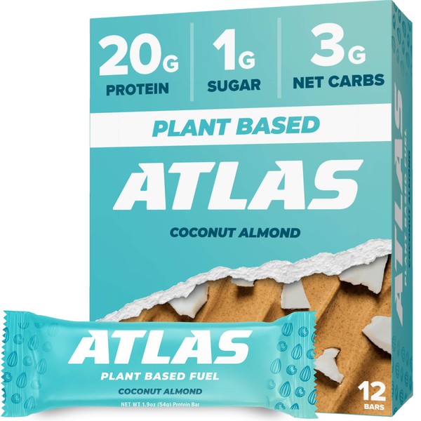 Atlas Protein Bar, 20g Protein, 1g Sugar, Clean Ingredients, Coconut Almond (12 Count, Pack of 1)