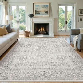 9x12 Extra Large Washable Area Rug, Soft Neutral Vintage Boho Rug for Living Room, Bedroom, Office, Farmhouse, Low Pile Imitation Wool Non Slip Carpet Ideal for High-Traffic Areas, Light Grey