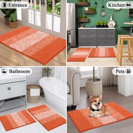 Vaukki Luxury Soft Bathroom Rugs Set of 2, Non Slip Washable Plush Bath Floor Mats, Microfiber Shaggy Absorbent Striped Bath Carpet for Tub, Bathroom and Shower (18''x26''+20''x32'', Orange)
