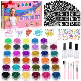 Aottom Kit de Tatuajes Temporales con Purpurina para Niños: 220 Plantillas, Más de 70 Pegatinas Infantiles, 36 Colores de Purpurina, 3 Pegamentos, 5 Pinceles. Ideal para Fiestas, Maquillaje Y Como Reg