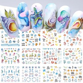 TBRZTR Sea Animals Paper Nail Decals, Includes Starfish, Shell, Mermaid, Jellyfish, Water Transfer Decals Design for DIY Manicure Decoration