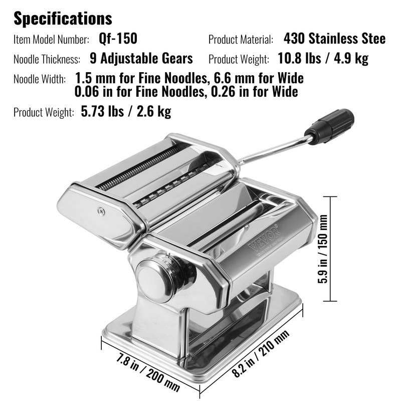 VEVOR Manual Pasta Maker, 9 Adjustable Thickness Settings Pasta Machine,