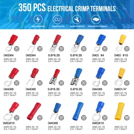 Crimping Pliers Cable Lugs Set, Cable Lug Pliers Crimping Pliers with Ratchet Function, Crimping Tool for 0.5-6 mm² Insulated with 350 Pieces Cable Lugs