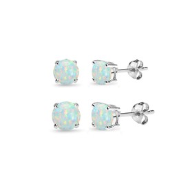 2 Pair Set Sterling Silver Synthetic White Opal Round Stud Earrings for Women, 4mm 6mm