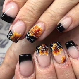 Thanksgiving Press on Square Nails Short Length Glossy Full Cover Acrylic False Nails with Maple Leaf Designs Artificial Square Shaped Fake Nails with Charms Glue ons Fingernails for Women(DZ02)