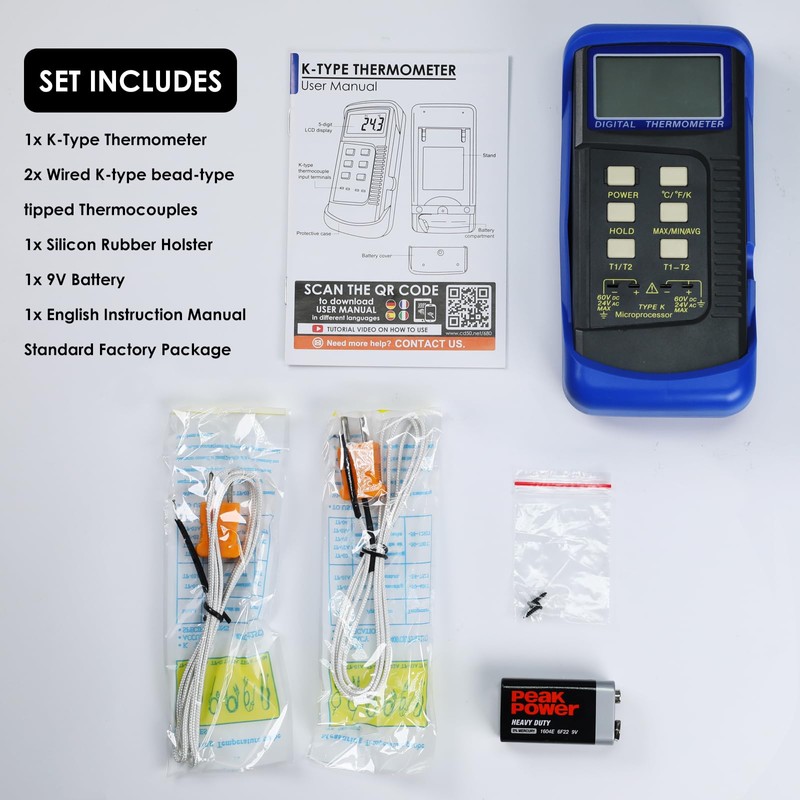 Handheld Digital K-Type Thermometer with Two Channels and Two Thermocouples,