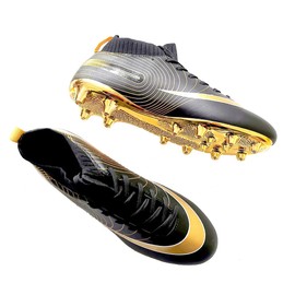 Men's Soccer Cleats High-Top Unisex Football Boots with Golden Soled Spikes for Outdoor and Indoor Training and Athletic Performance (Black Gold, Numeric_6)