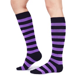 Halloween Purple and Black Knee High Striped Socks for Witch Women - Long Thigh High Socks Tall Stockings