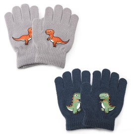 QTMMC 2 Pairs Kids Gloves Knit Winter Thermal Children'S Magic Gloves Dinosaurs Pattern Full Fingers Knitted Thermal Gloves Stretch Soft Warm Mittens for Boys Girls Ages 4-11 Years, Navy and Gray
