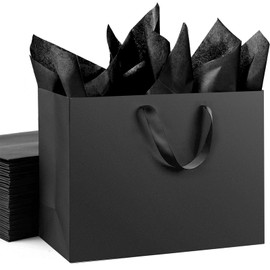 OfficeCastle 4 Pack Extra Large Black Gift Bags, 16x6x12 inch Paper Bags with Handles, Plus 10 Sheets Black Tissue Paper, Ideal for Christmas, Weddings, Birthday, Small Business, Party Favor