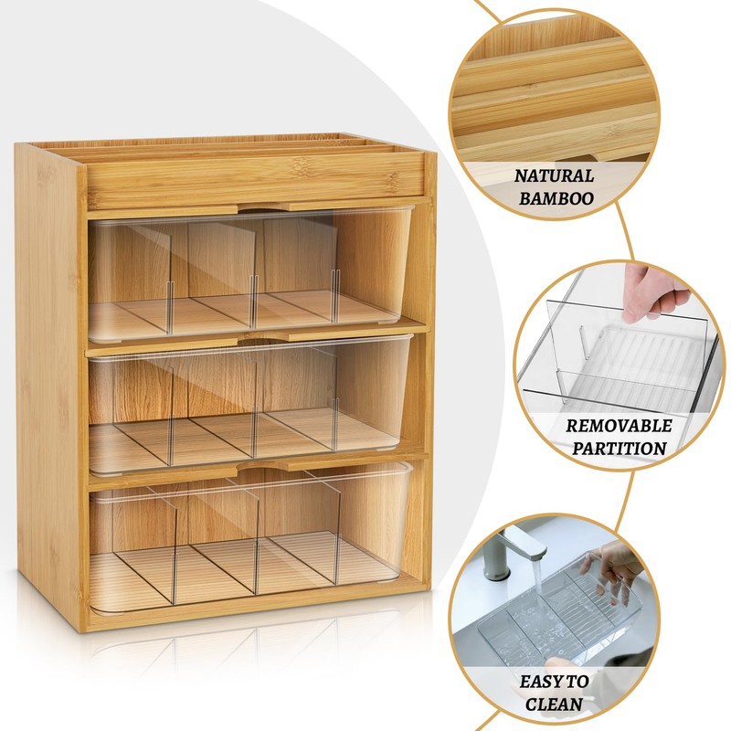 TIMIEEYA Tea Bag Organizer - Bamboo Tea Storage With Drawer