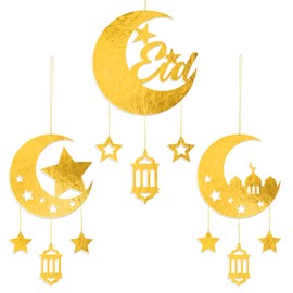 WEEPA 3 Pcs Ramadan Hanging Ornaments Wall Decor Eid Hanging Streamers for Hanging on Walls Windows Trees Luxurious Crescent Gold Moon Star Party Decoration