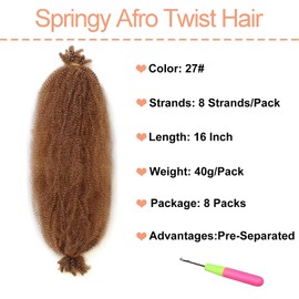 Mscat 16 Inch 8 Packs Pre-Separated Brown Springy Afro Twist Hair for Marley Twist Crochet Braiding Synthetic Hair Extensions (8 Strands/Pack,27#)