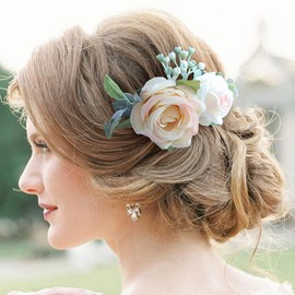 Fangsen Delicate White Orange Pink Ivory Rose Bud Leaf Rose Flower Hair Clips Floral Hair Accessories for Brides and Bridesmaids Silver (Ivory+Pink)