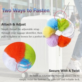 2 Pack Pom Pom Ring Luggage Tag with Silicone Tie - Colorful Fidget Toy & Stress Reliever, Cute Suitcase Identifier for Travel, Backpack, Keychain, Fun to Touch and Play