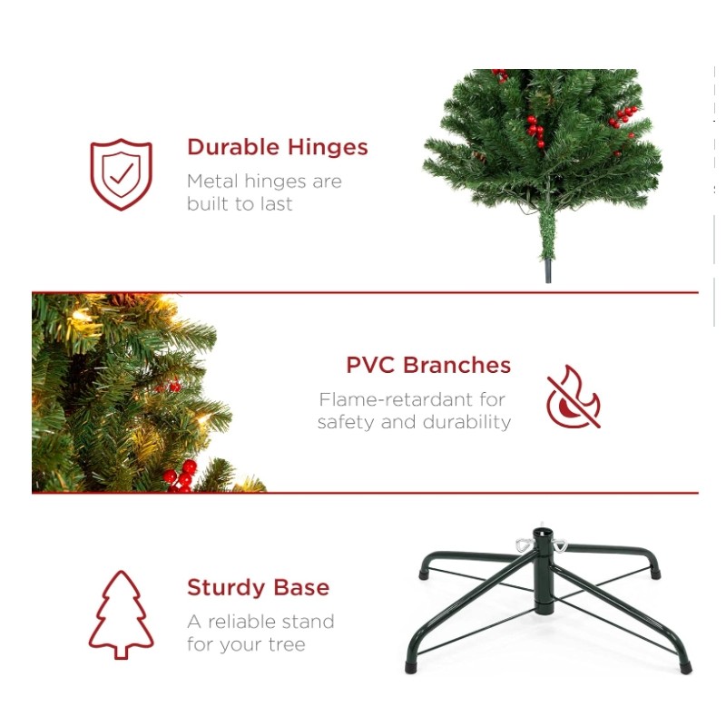 6FT Christmas Tree Metal Stand holly berry pine cone 6white/6yellow