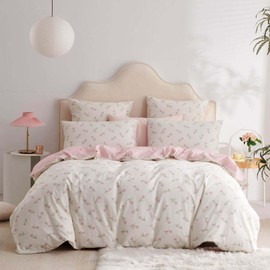 Tospass Cotton Bed Linen Set 135 x 200 cm 2-Piece White Pink Green Flowers Floral Bed Linen Girls Elegant Duvet Cover with Zip and Pillowcase 80 x 80 cm