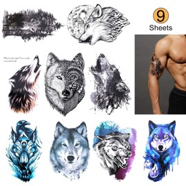 Gwolf 9 Sheets Wolf Tattoo Temporary Personality Wolf Tattoo Sticker New Environmental Protection Waterproof Flower Arm Tattoo Sticker Realistic 3D Animal Pattern Tattoo Paper