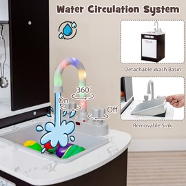 Costzon Corner Kids Kitchen Playset, Wooden Pretend Toy Kitchen Set with Real Sounds & Light, Separated Washing Basin with Runing Water, Microwave, Ice Maker, Toddler Play Kitchen for Boys Girls 3+