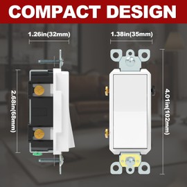 ThunderWay 3 Way Decorator Light Switch, 20A 120V/277V, Three Way White Paddle Rocker Switches Replacement, Grounding Screw, Commercial Grade, UL Listed,Back Insert and Side Terminals (6 Pack)