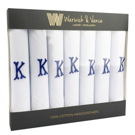 Warwick & Vance 7 Pack Of Mens/Gentlemens White Satin Bordered Handkerchiefs With Blue Embroidered Initials, Letter K