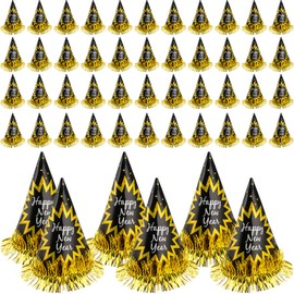 Restroma 50 Pack Happy New Year Hats Bulk New Year Eve Party Hat with Gold Foil Tassel Paper Cone Hat for New Years Eve Party Decor