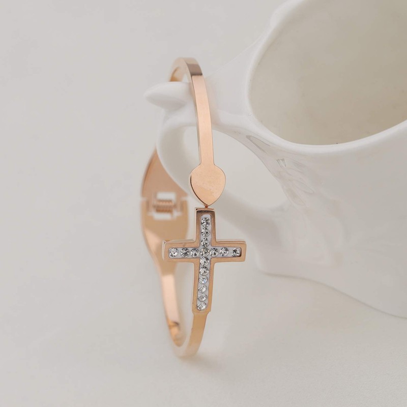 MYOSPARK Dainty Rose Gold Sideway Cross Bangle Bracelet Religious Jewelry