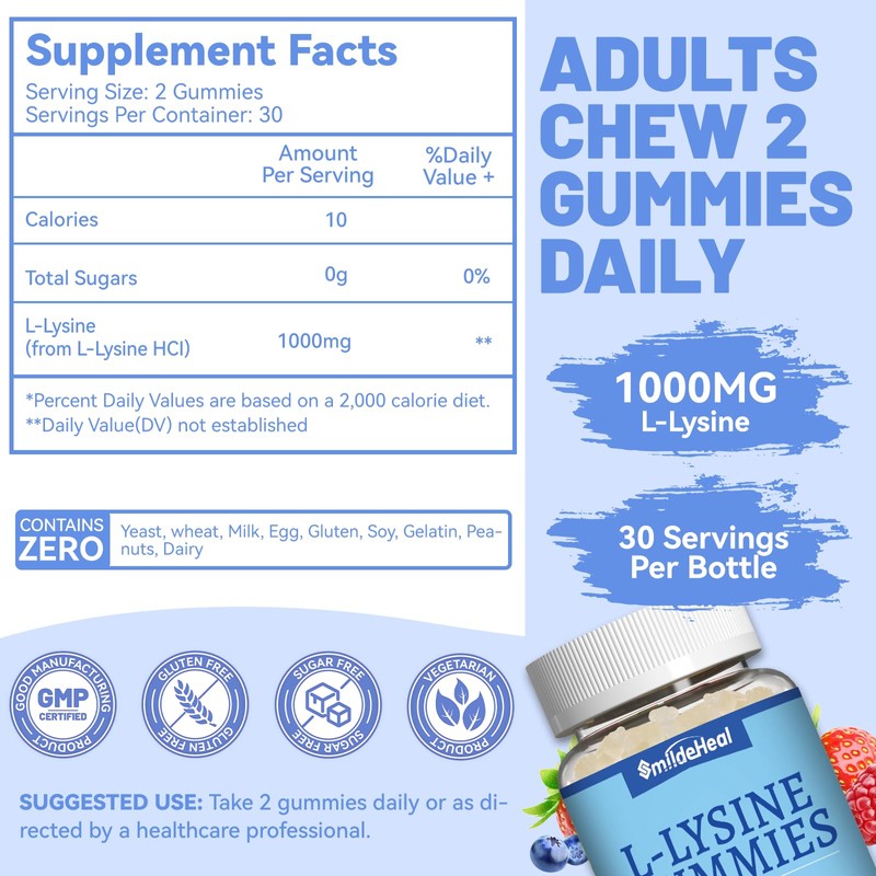 2 Pack L-Lysine 1000mg Gummies, Chewable Lysine Supplement for Adults,
