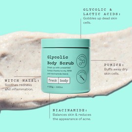 frank Body Glycolic Body Scrub | Vegan, Cruelty Free, Exfoliating Body Scrub | Helps to Fight Breakouts and Soothes Skin & Marks with AHA, Pumice, Witch Hazel, and Niacinamide | 8.82 oz / 250 g
