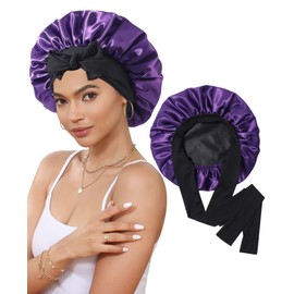 Satin Bonnet Silk Bonnet for Sleeping Silk Sleep Cap Double Layer Hair Bonnet with Elastic Tie Band for Curly Hair Night Cap(Black+Dark Purple)