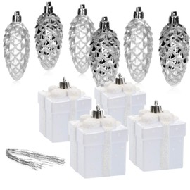 com-four® 10 x Christmas Tree Pendants Set Christmas Tree Cones and Gifts in Silver, White, Shatterproof, Christmas Tree Decorations for Christmas Tree Decoration