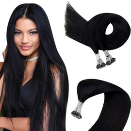 Easyouth Nano Ring Hair Extensions Real Hair Jet Black Individual Nano Tips Hair Extensions 45 cm #1 50 Pieces 50 g