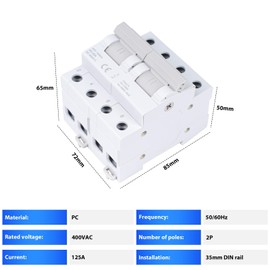 Jadeshay Manual Transfer Switch, 2-Pin 125A Load Disconnect Switch, Dual Power Manual Transfer, Isolating Switch, Interlock Circuit Breaker DIN Rail Mounting (2P 400AC)
