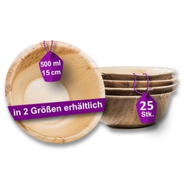 Waipur Organic Palm Leaf Bowls - 25 Large Bowls Diameter 15 cm / 500 ml - Premium Disposable Tableware Compostable - Soup Plates Similar to Bamboo Disposable Bowls