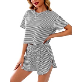 TFNOSIZE Women's Striped Pajama Set with Drawstring Waistband - Soft Loungewear with Side Slit Shorts, Comfortable Sleepwear