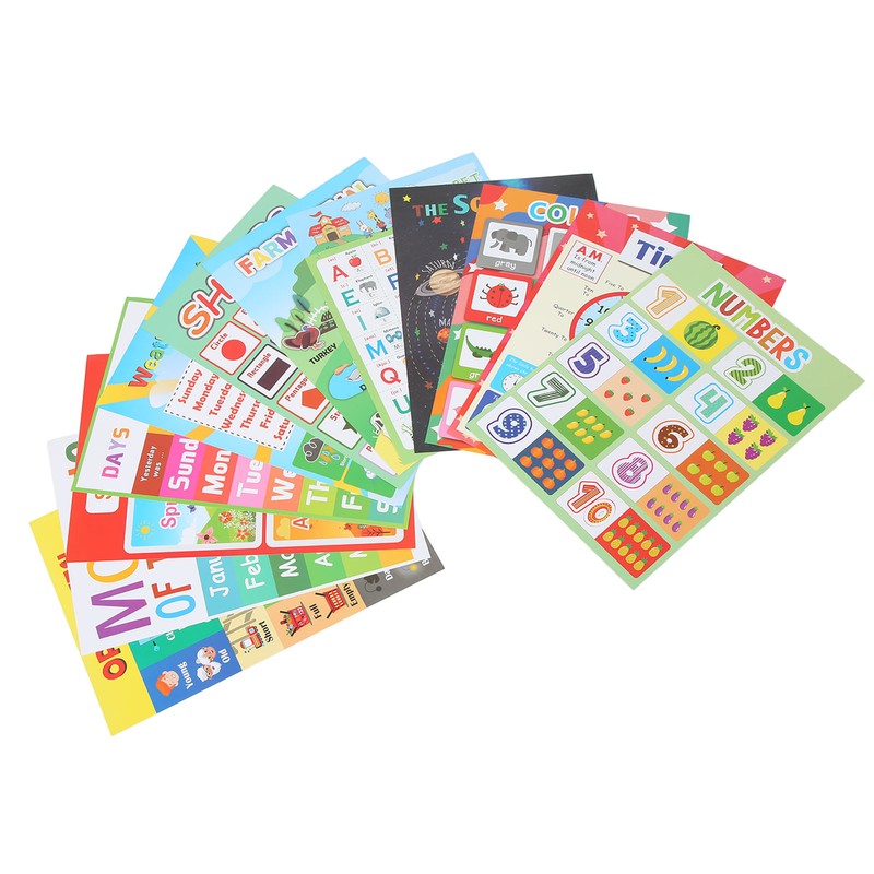 12PCS Educational Posters for Kids Cartoon Learning Poster Waterproof English