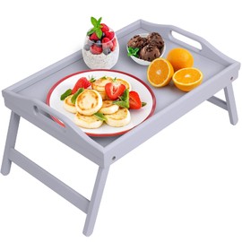 Bed Tray Table Folding Legs Breakfast Food Tray Bamboo Portable Lap Desk Wooden Serving Dinner Tea TV Tray(A-Grey)