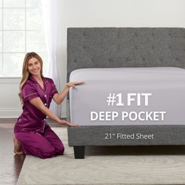 Queen Fitted Sheet Only Deep–Pocket – Extra Deep Pocket Queen Fitted Sheet – 21” Fitted Sheets Perfectly Fit 17”–23” Deep Mattress & Toppers – Lovely Feel – 1 Bottom Sheet Queen Size – Grey Lavender