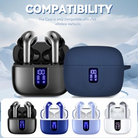 【with LED Display Window】 for TAGRY X08 Wireless Earbuds Case, Silicone Case Compatible with TAGRY X08 Wireless Earbuds with Keychain with Cleaning Pen - Blue