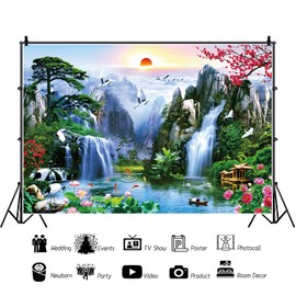 Canessioa Fairyland Landscape Backdrop Chinese Traditional Architecture Carp Crane Background Asia Nature Waterfall Mountain Lake Lotus Scenery Background Photography Studio Props 7x5ft(210x150cm)