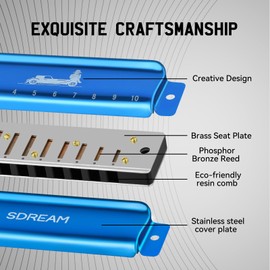 SDREAM Blues Harmonica for Adults Beginner C Key 10 Holes 20 Tone Diatonic Harmonica Bronze Reeds mouth organ (10 holes blues primary) (Blue, 10 holes blues senior)