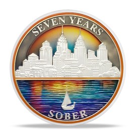 7 Year Sobriety Coin Gifts | Cityscape and Sailboat AA Coin - HA AA Chip Medallion with Serenity Prayer | Narcotics Alcoholics Anonymous Gifts for Anniversary Month ＆ Year for Men ＆ Women in Recovery