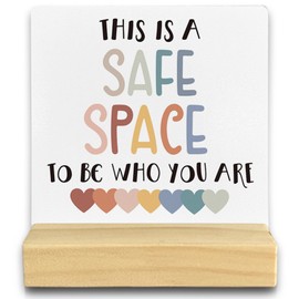 QASHWEY Safe Space Sign Desk Decor, Boho Classroom Wood Table Signs, Therapy Office Decor, This is a Safe Space to be Who You are Wooden Plaque with Wooden Stand for Counselor Office Classroom