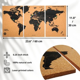 Zinello Design – Cork World Map – Wall Decoration Picture 60 x 30 cm – 3 Stickers – Coloured Push Pins Included – Ecological Travel Poster
