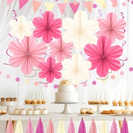 Marwey Pink Party Decoration Set, 9pcs Hanging Paper Flowers, Tassel Garland & Swirls for Bridal Showers, Engagement, Weddings, Baby Showers, Birthdays, Classroom Decor, Hot Pink Backdrop Supplies