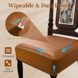 WUSOUPU Leather Seat Covers for Dining Room Chairs Set of 6, Waterproof Kitchen Chair Seat Protector Slipcovers Made of 4-Way High Stretch PU Leather and Rear Covers Design (Orange 6 Pcs)