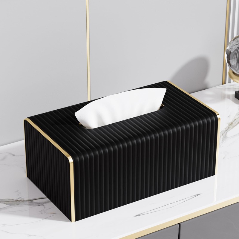 Tissue Box Cover,Black Rectangle PU Leather Tissue Holder with Gold-Tone